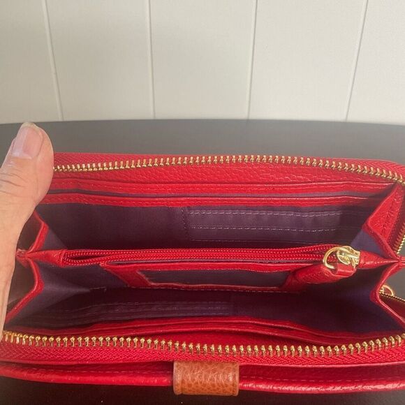 Red Hat Ladies Society Pebbled Leather Wallet Red Zip Around Purple Interior - Picture 7 of 9